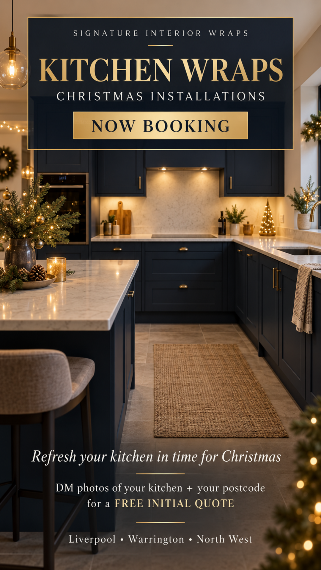 Navy kitchen with light marble surfaces, shown as design inspiration